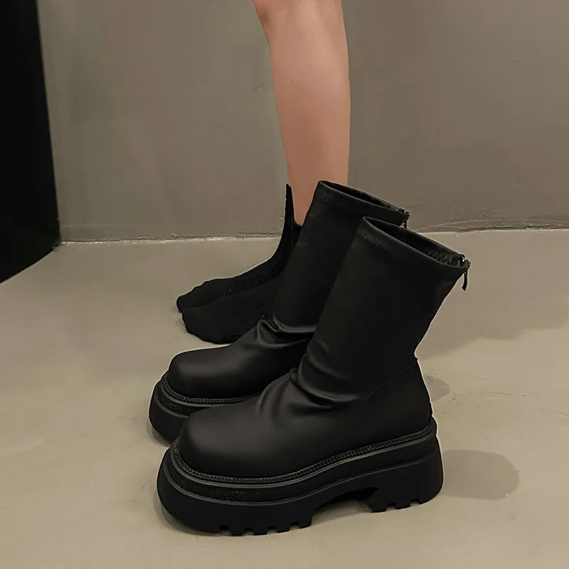Women's Platform Chelsea Ankle Boots – Stacked Heel, Brown & Black