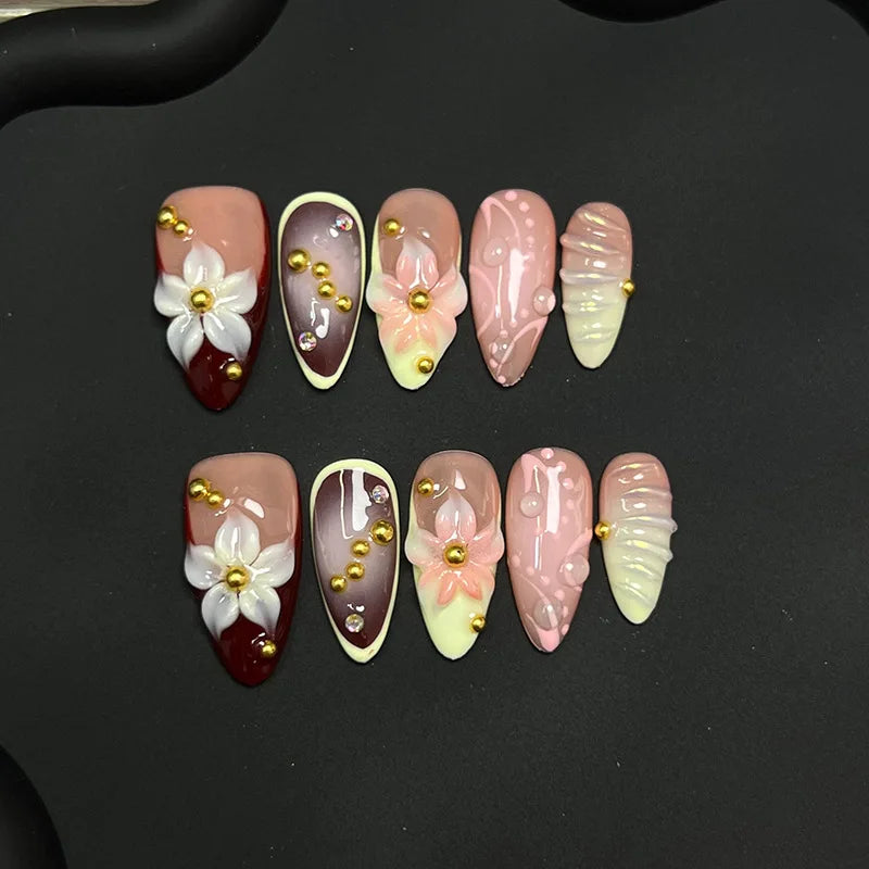 3D Petal Almond Press On Nails | French Reusable Nail Tips