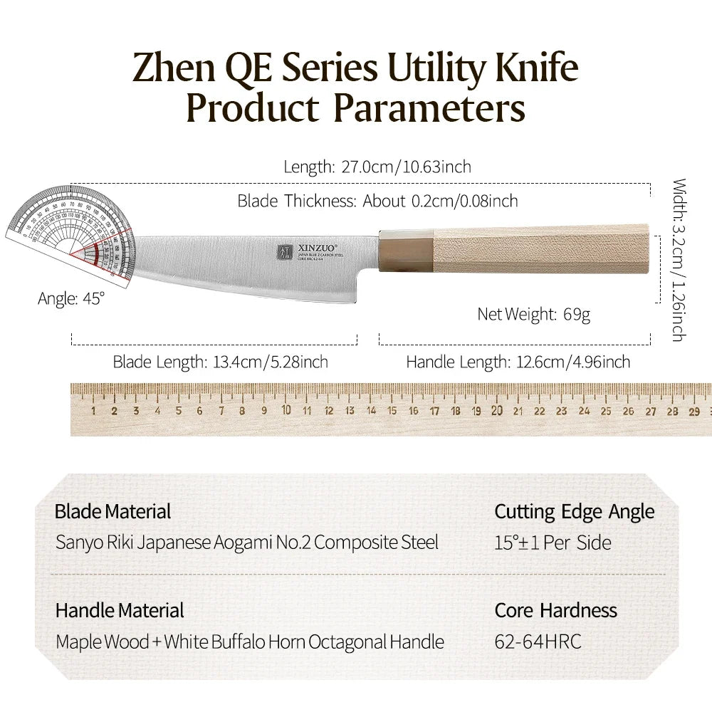 XINZUO 5.28" Aogami No.2 Steel Utility Knife – Maple Buffalo Horn
