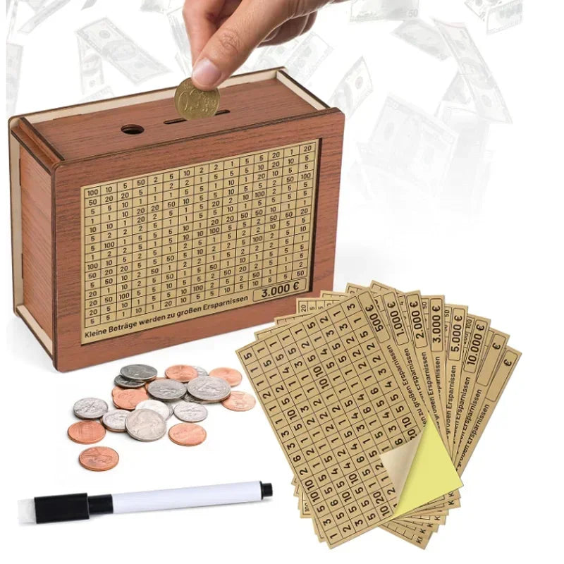 Wooden Euro Piggy Bank Money Box with Counter & Saving Goal