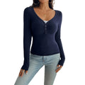 Women's Blue V-Neck Slim Fit Knit Long Sleeve Pullover Top
