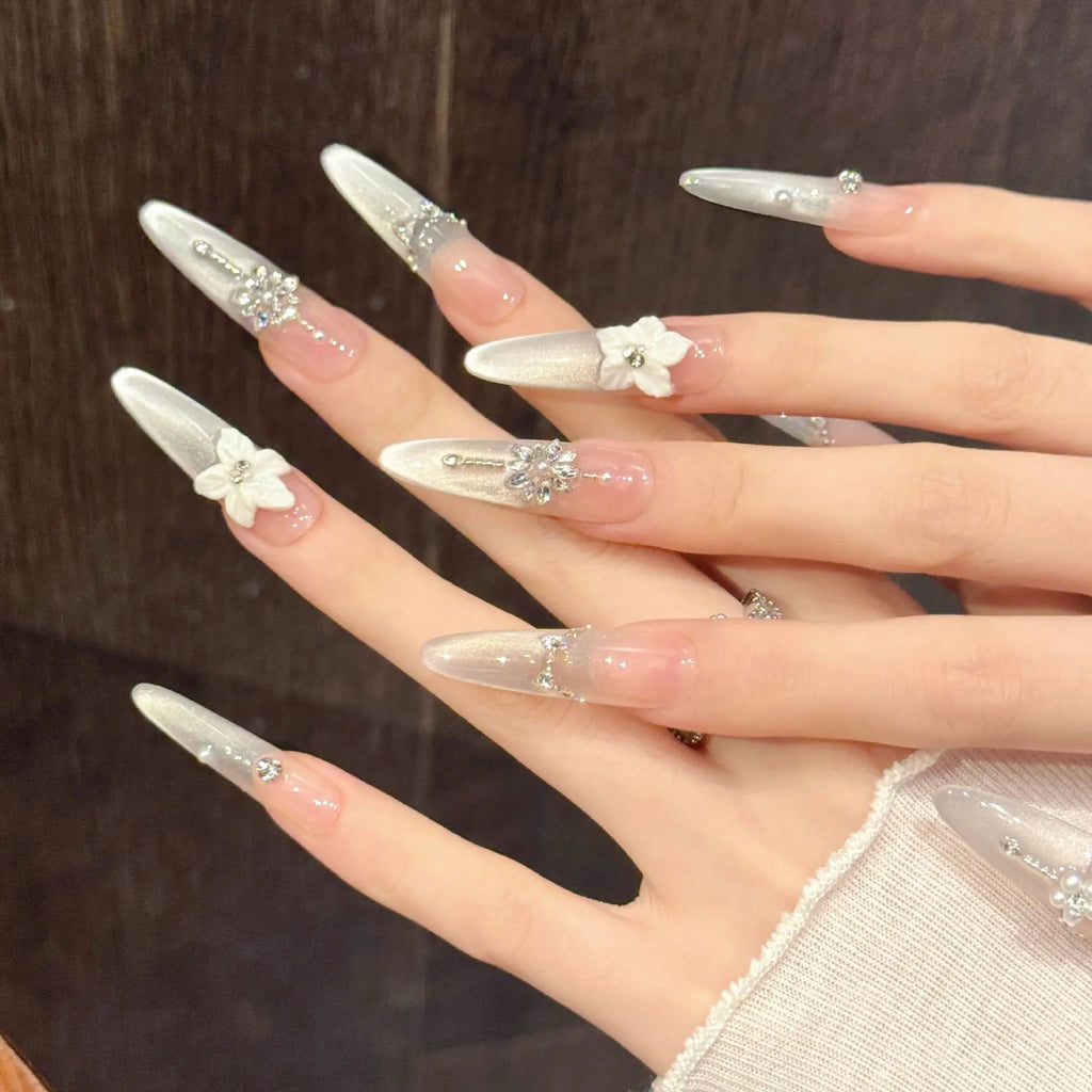 3D Cat's Eye Press-On Nails | Glitter French Tips 10pcs