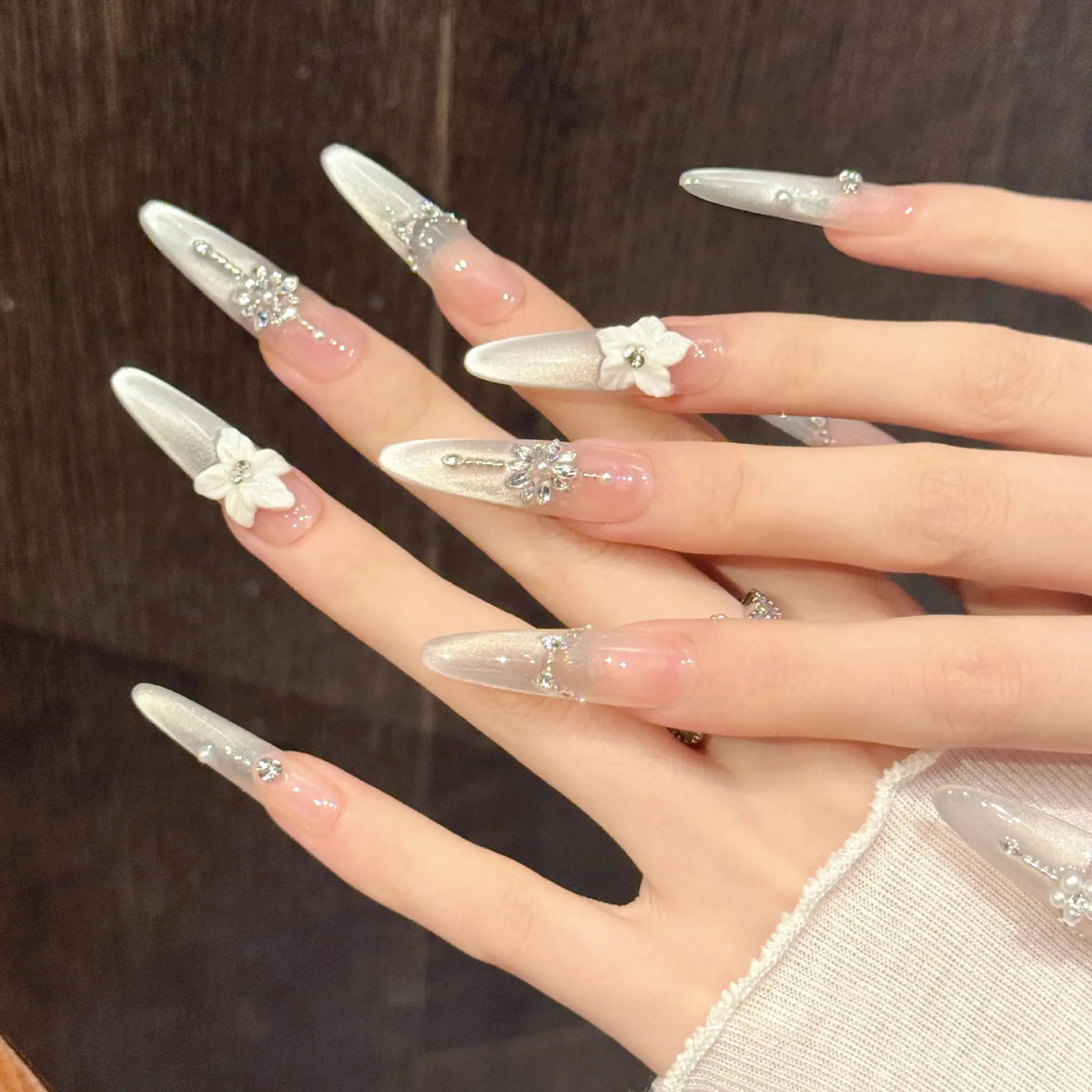3D Cat's Eye Press-On Nails | Glitter French Tips 10pcs