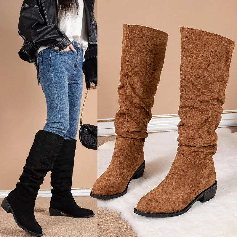 Women's Knee-High Boots – Square Heel Round Toe Winter Boots