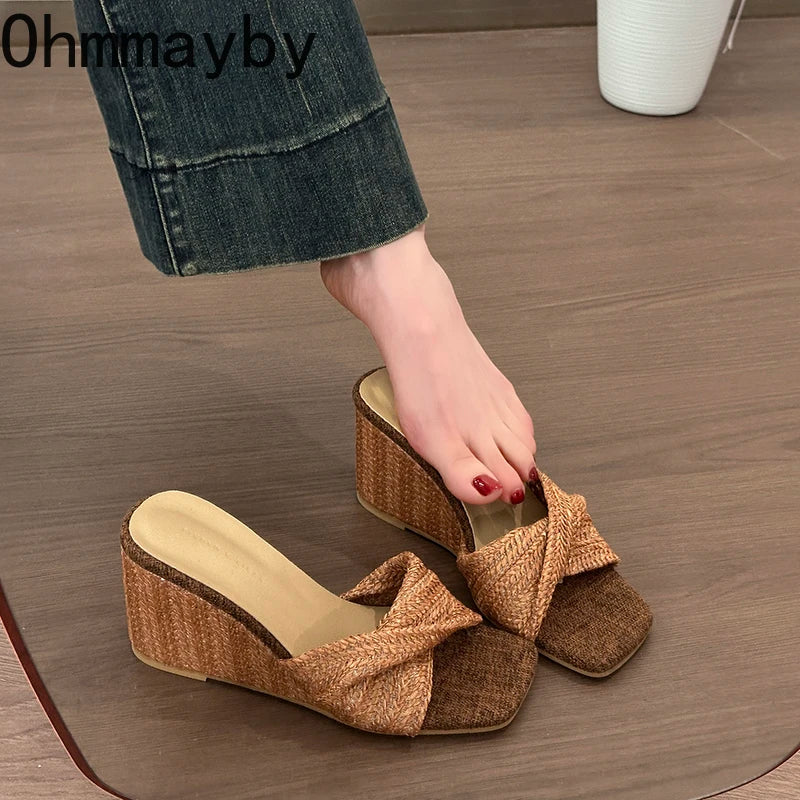 Women's Polka Dot Wedge Slippers – Square Toe Summer Slides