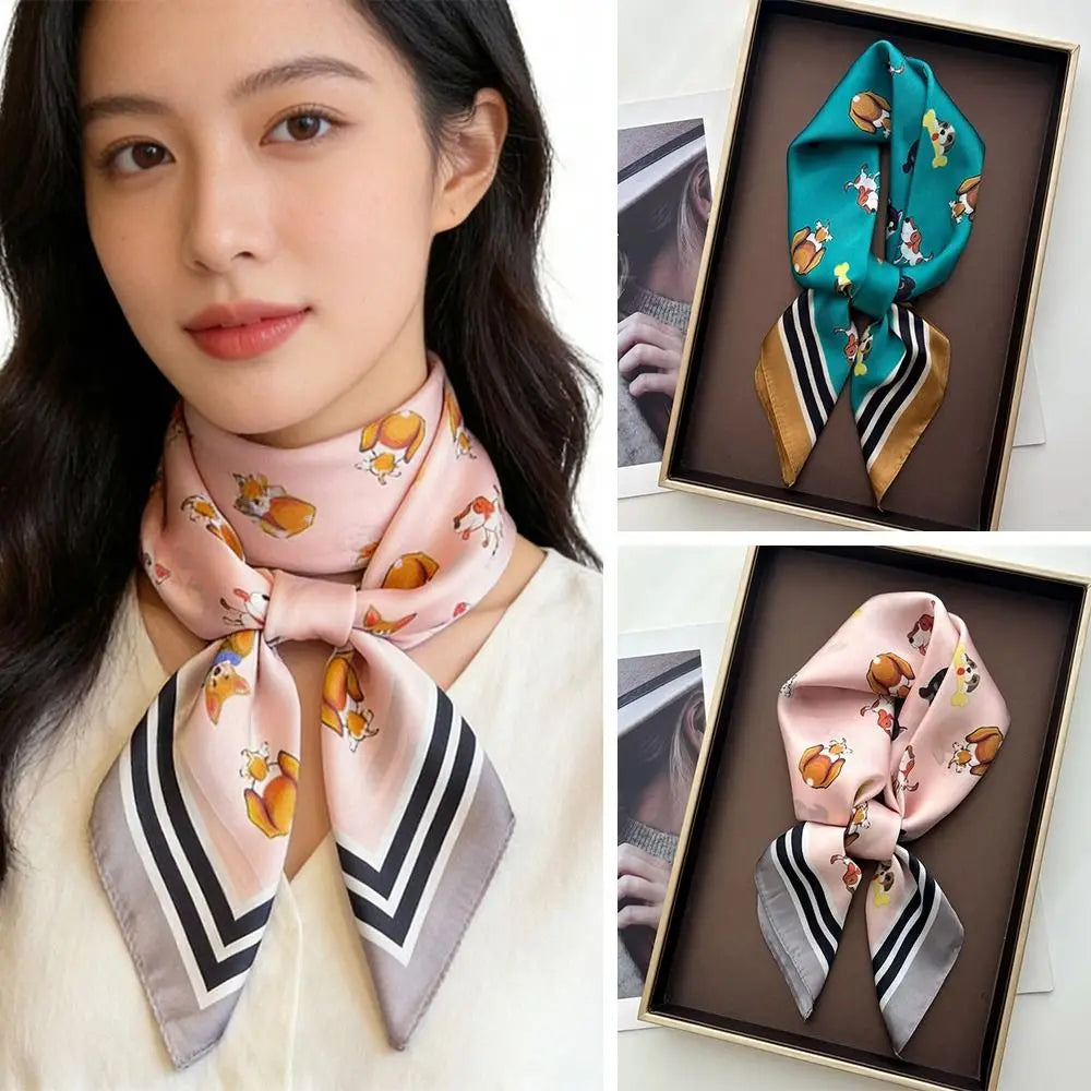 Women's 70x70cm Satin Square Scarf – Cute Dog Print Shawl