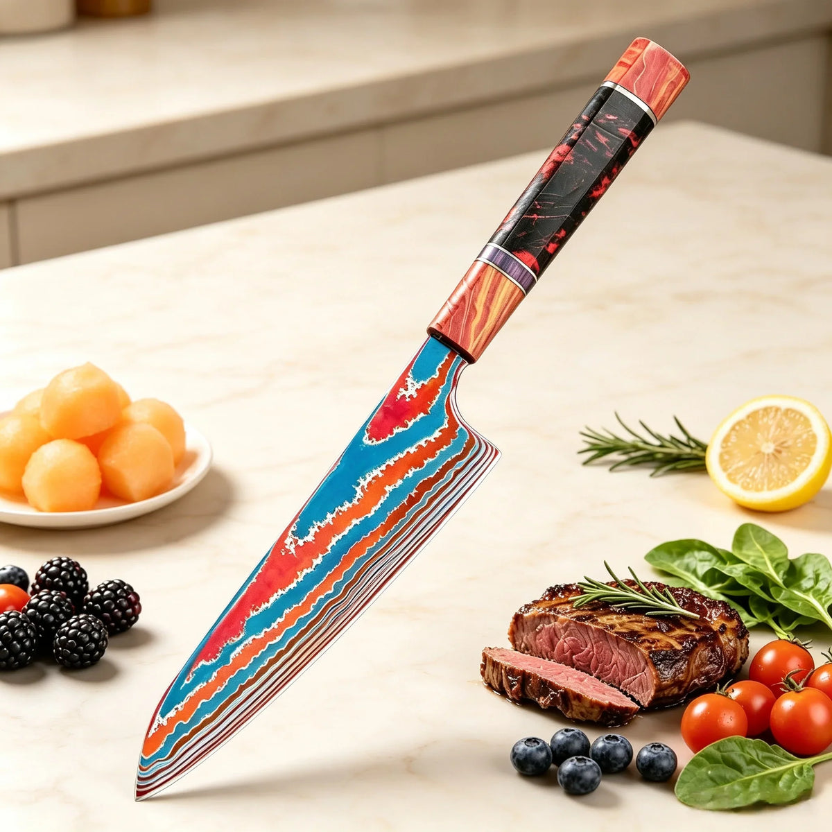 Titanium Damascus Chef Knife – Wood Handle Cleaver & Slicer
