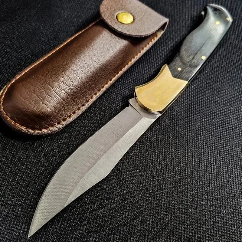 Folding Pocket Knife – Ebony & Brass Handle, Leather Sheath EDC