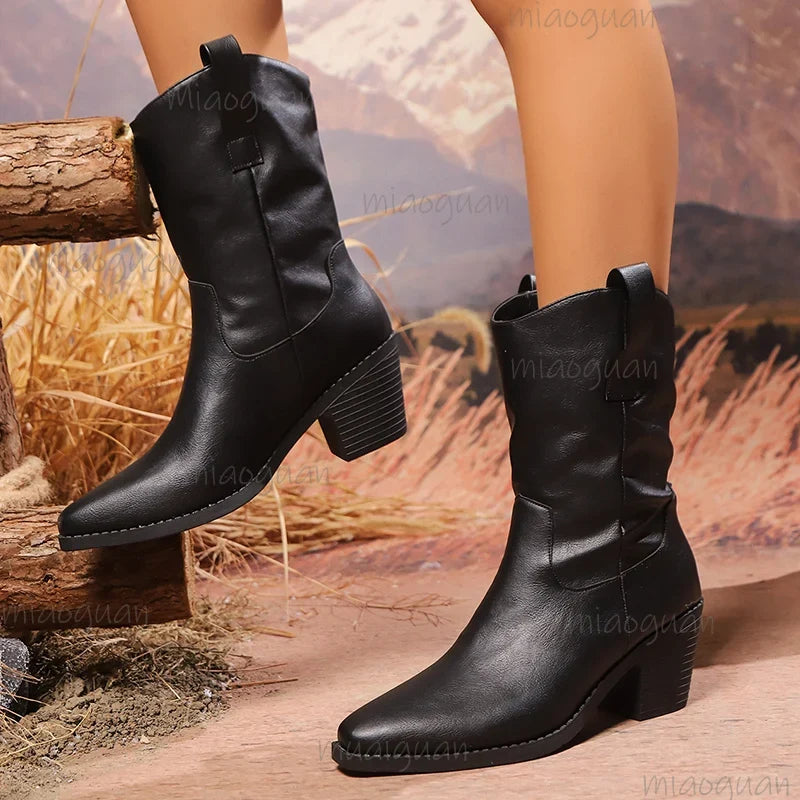 Women's Western Ankle Boots – Pointed Toe Block Heel, Sizes 6–10