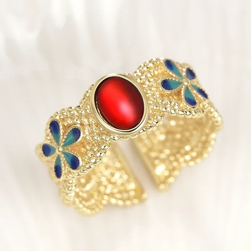 Huitan Gold Blue Flower Ring Red Stone – Women's Fashion Ring