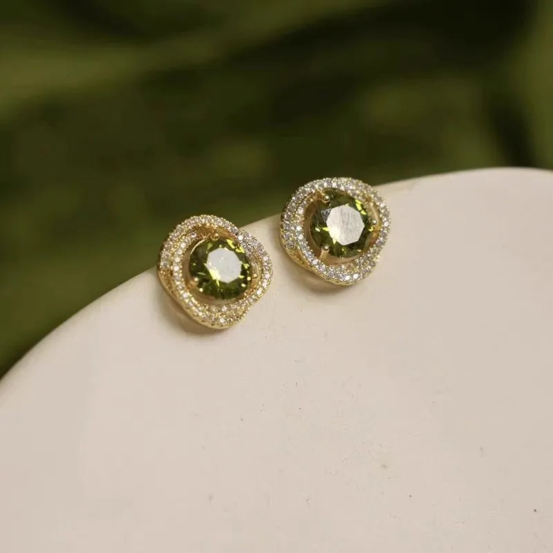 Huitan Green Cubic Zirconia Knot Stud Earrings for Women