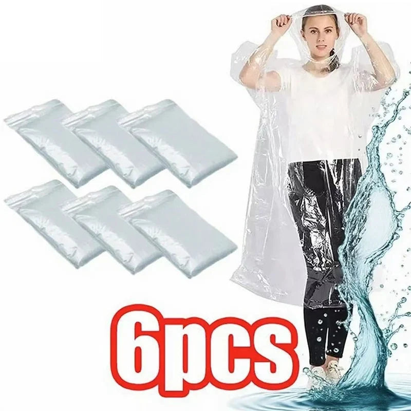 Disposable Waterproof Rain Poncho 6-Pack | Clear Emergency Raincoat