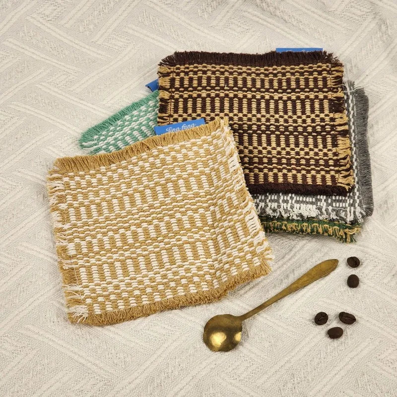 Vintage-inspired Tassel-trimmed Woven Coasters Checkered Square