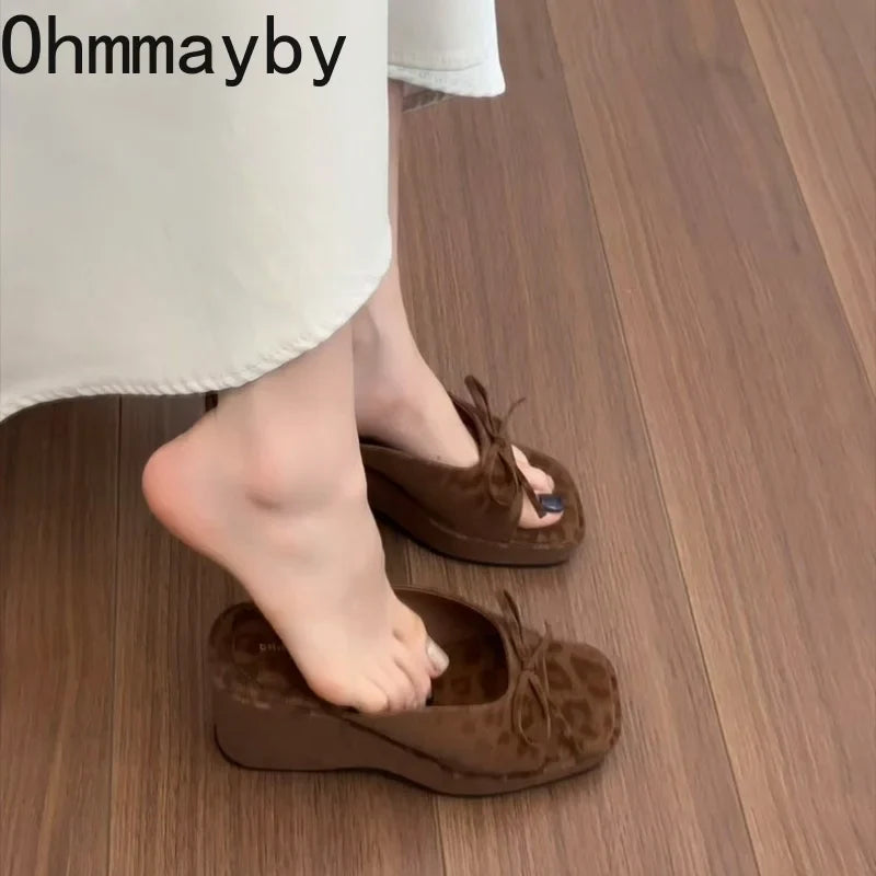 Women's Chunky Heel Slides – Butterfly-Knot Platform Slippers