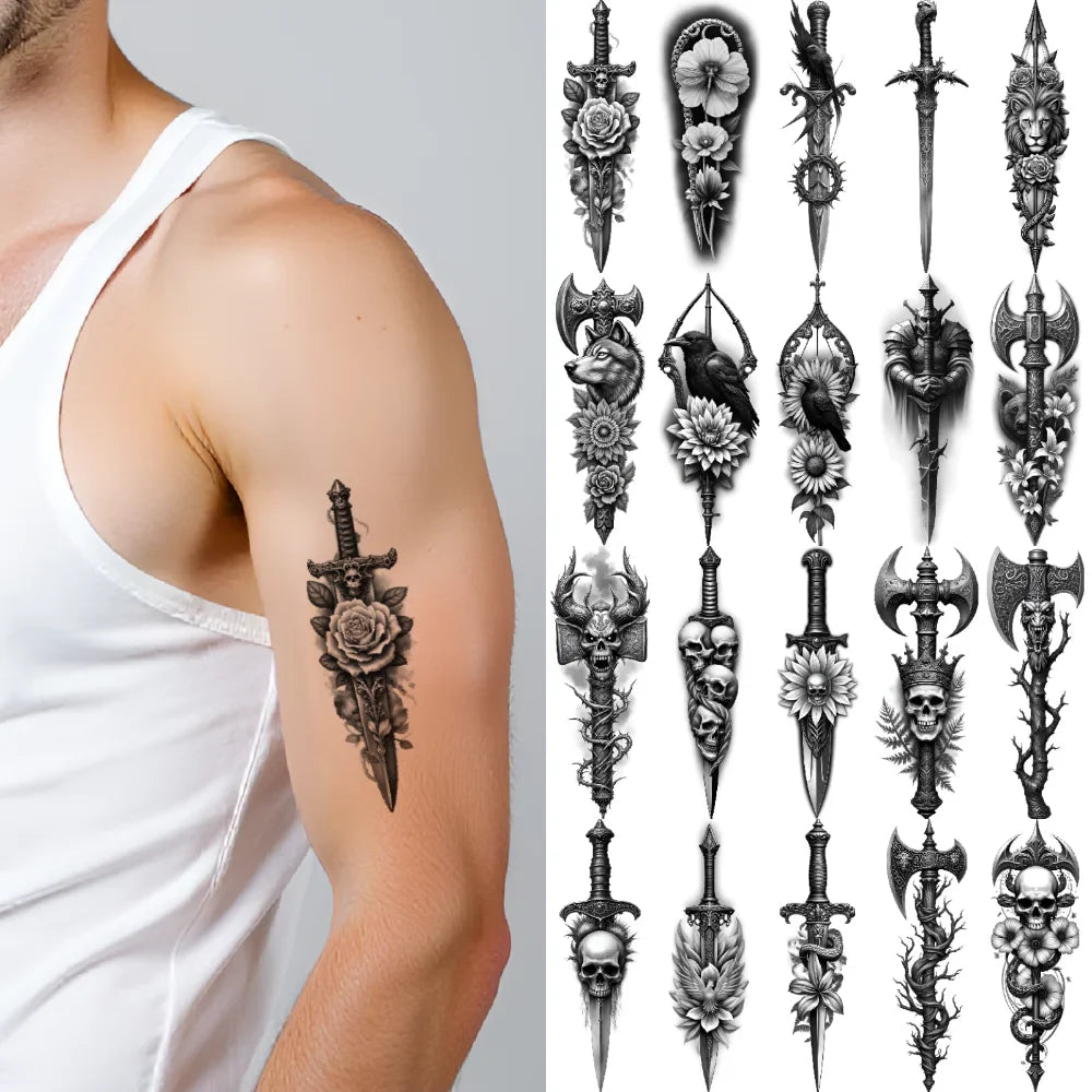 12pcs Realistic Temporary Tattoos – Skull, Flower, Crow & Dragon