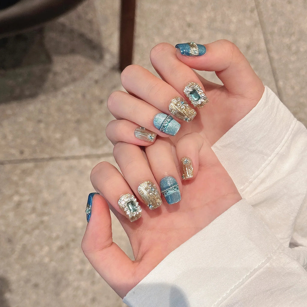 Handmade Glitter Blue Cat Eye Press On Nails – Gold Crystal