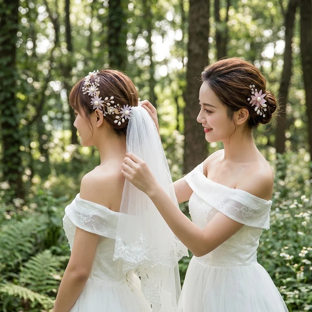 Bridal Pink Flower Headband & Hairpin Set | Wedding Hair Accessories