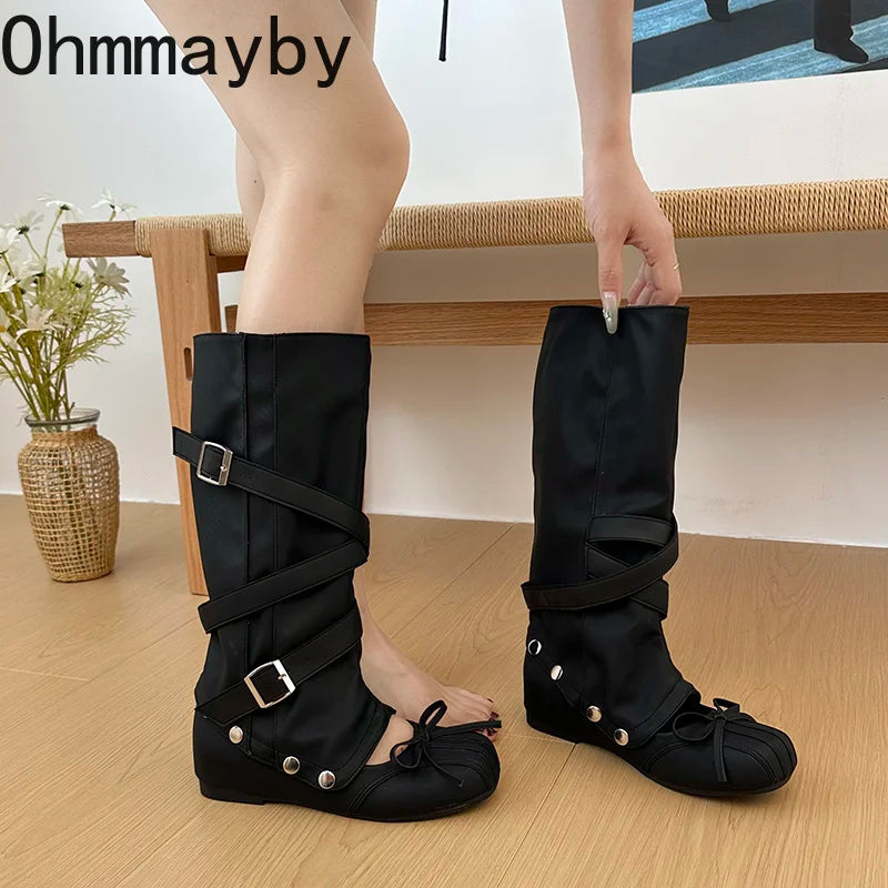 Y2K Knee-High Flat Boots – Double Buckle Bow Slip-On Booties