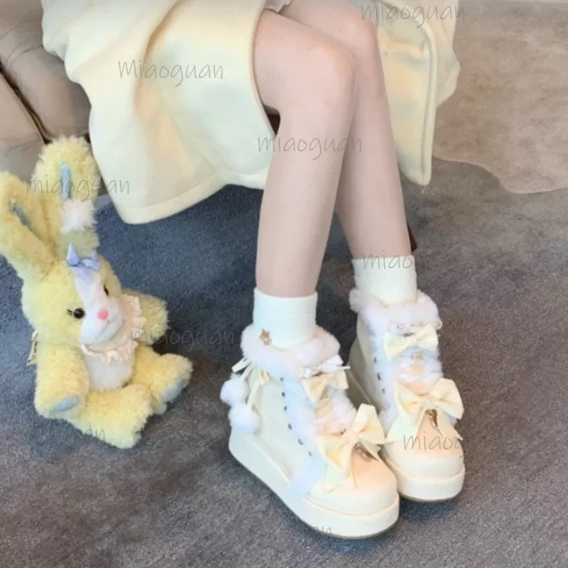 Women's Lolita Platform Snow Boots – Plush Bowknot PU Winter