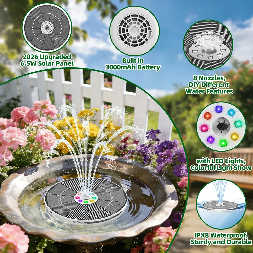 6.5W Solar Bird Bath Fountain Pump – LED Lights & Battery