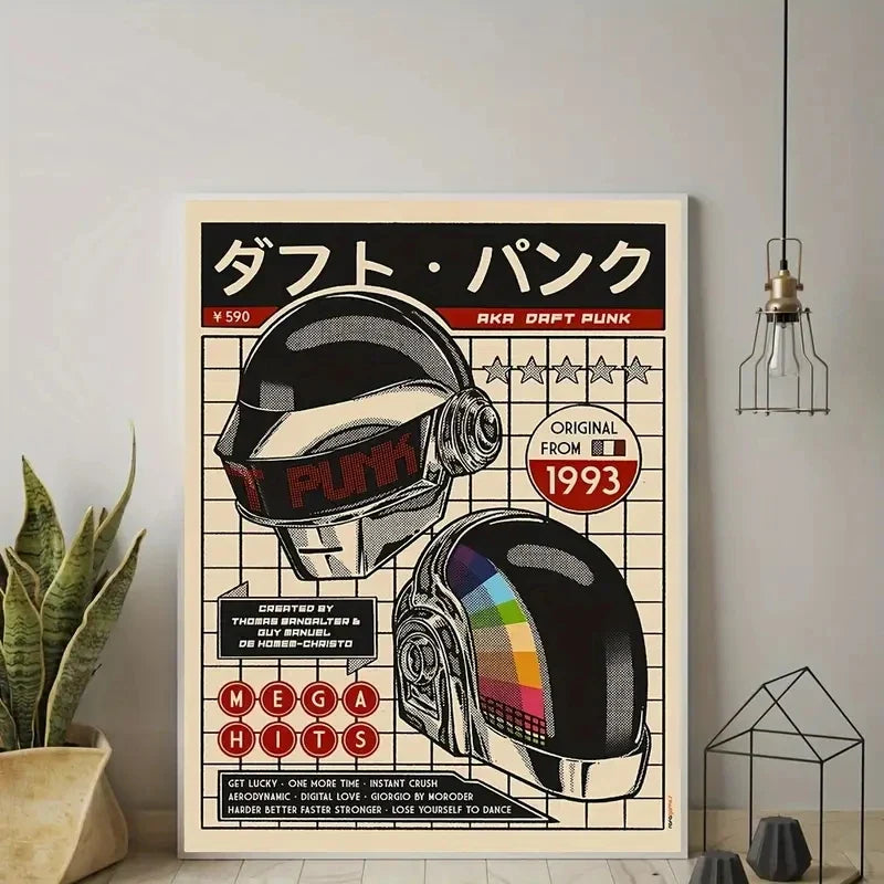 Daft Punk Retro Helmet Canvas Wall Art Poster | Music Decor