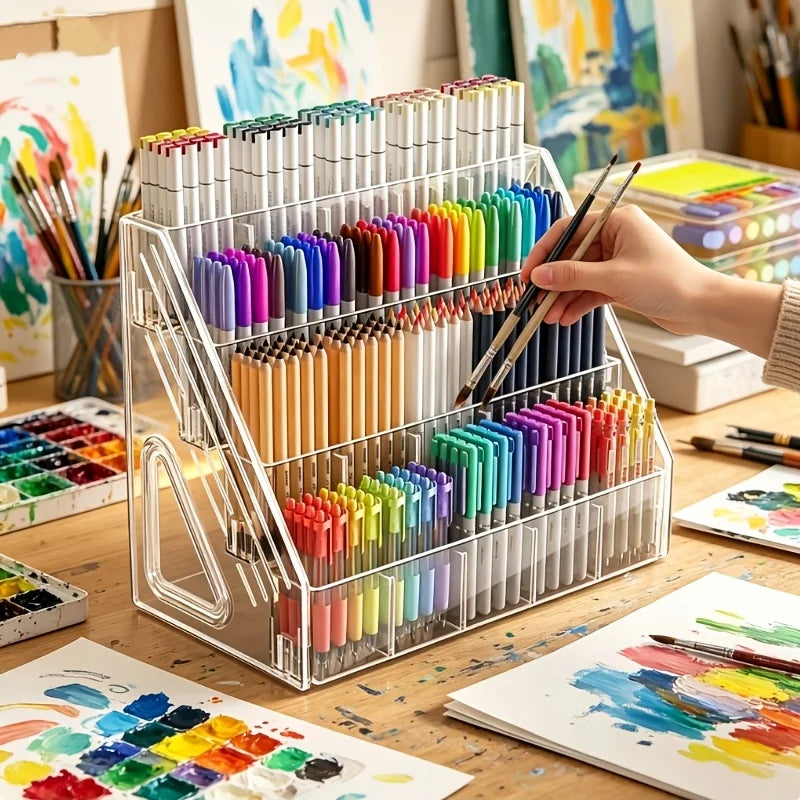 Acrylic Pen Organizer Multi-Grid Desk Caddy – Large Capacity