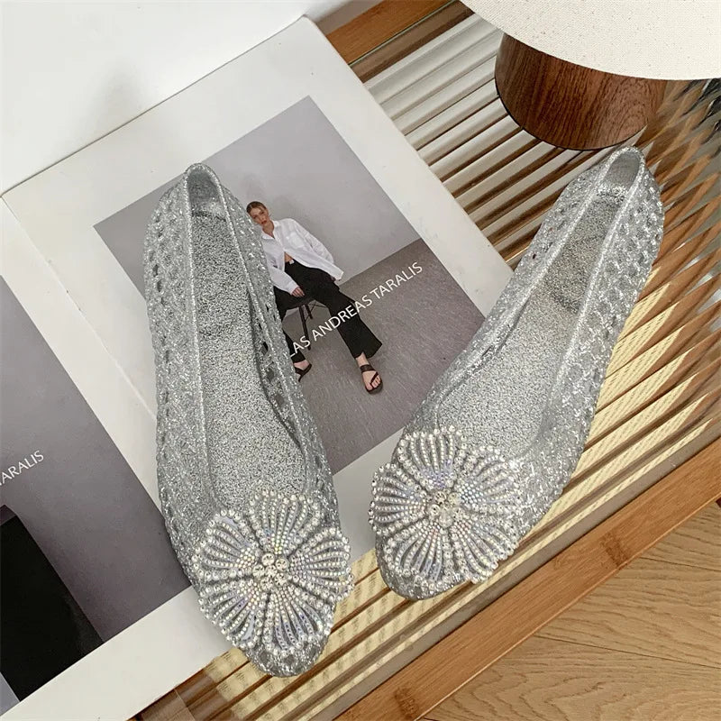 Crystal Jelly Sandals – Diamond Flower Pointed Toe Flats for Women