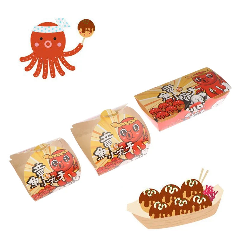 50-Pack Takoyaki Boxes – Disposable Octopus Ball Packaging