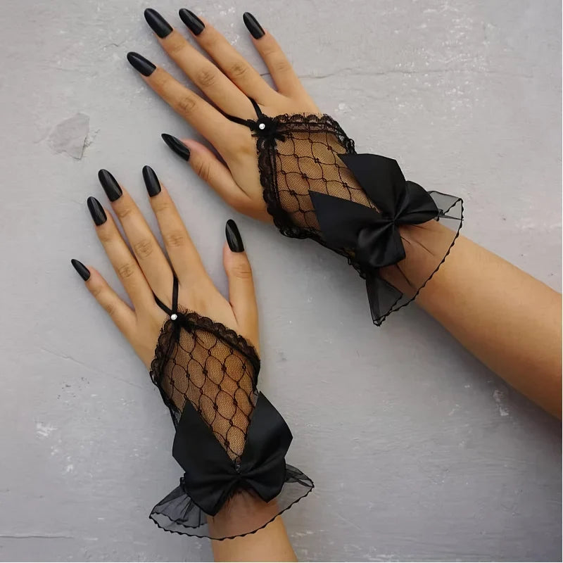 Y2K Punk Fingerless Gloves with Bow & Lace – Women's