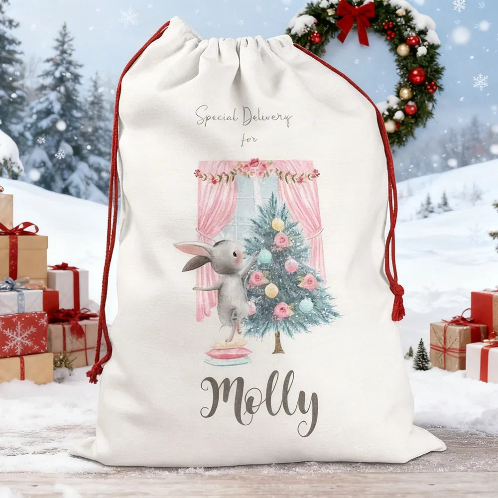 Personalized Pink Bunny Christmas Sack | Large Girl's Santa Bag