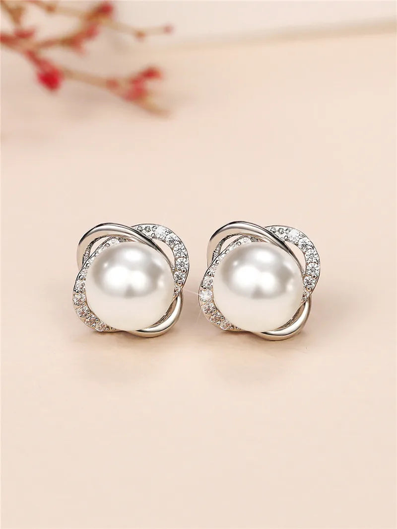 Huitan Pearl & Cubic Zirconia Stud Earrings for Women