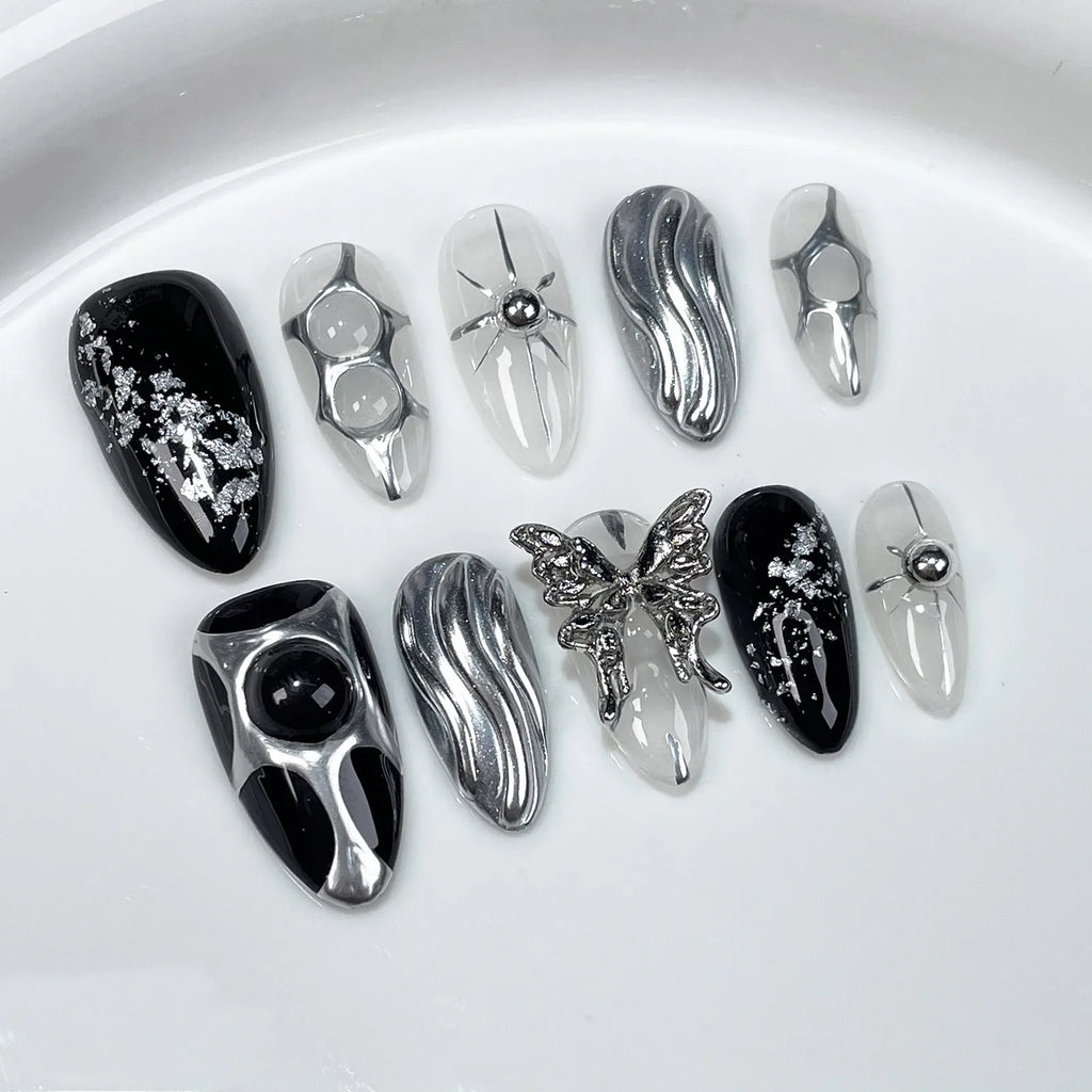3D Butterfly Press On Nails – Black Silver Almond False Nails