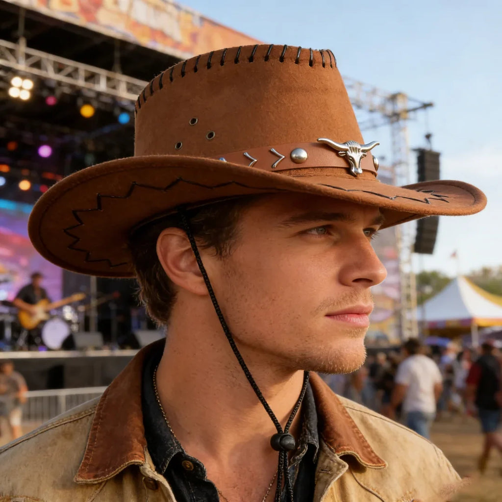 Vintage Brown Faux Suede Western Cowboy Hat Bull Skull Arrow Stitch