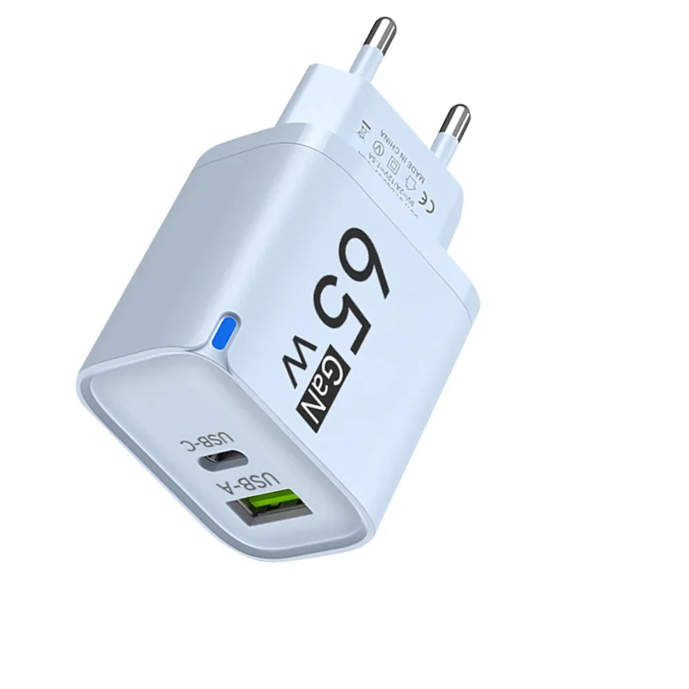65W GaN 3-Port USB-C Fast Charger PD & QC 3.0 Adapter