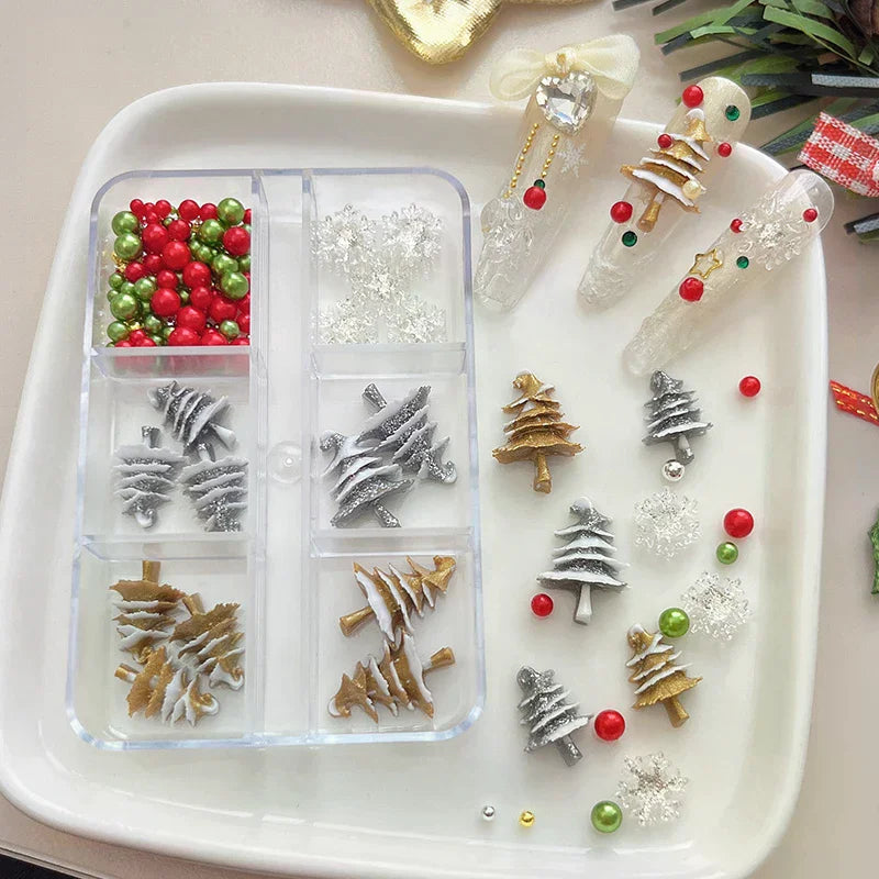 Christmas Nail Charms Set | 6-Grid Snowflake & Bead Rhinestones
