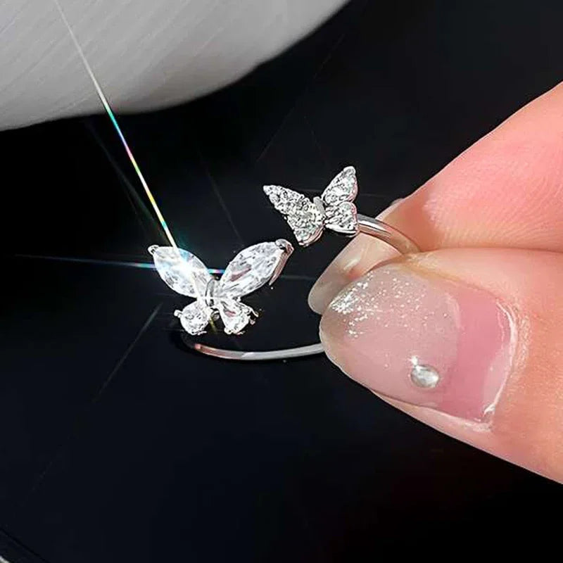 Huitan Butterfly Opening Ring Women – Silver CZ Fashion Jewelry