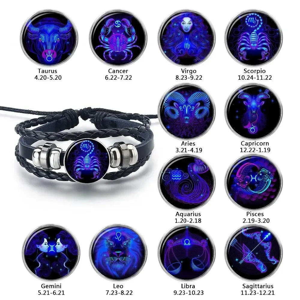 Zodiac Constellation Braided Leather Bracelet | Glass Dome Charm