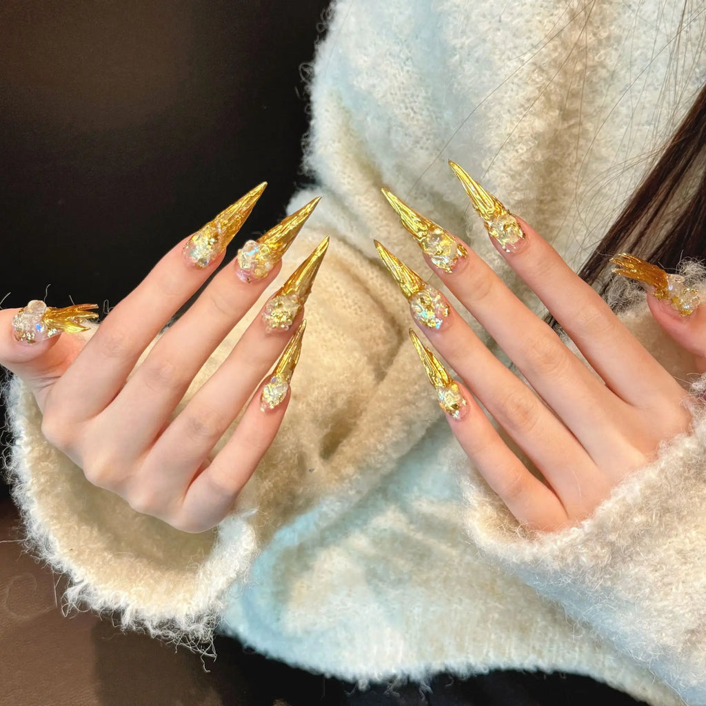 Handmade Gold Foil Rhinestone Press-On Nails | Long Stiletto