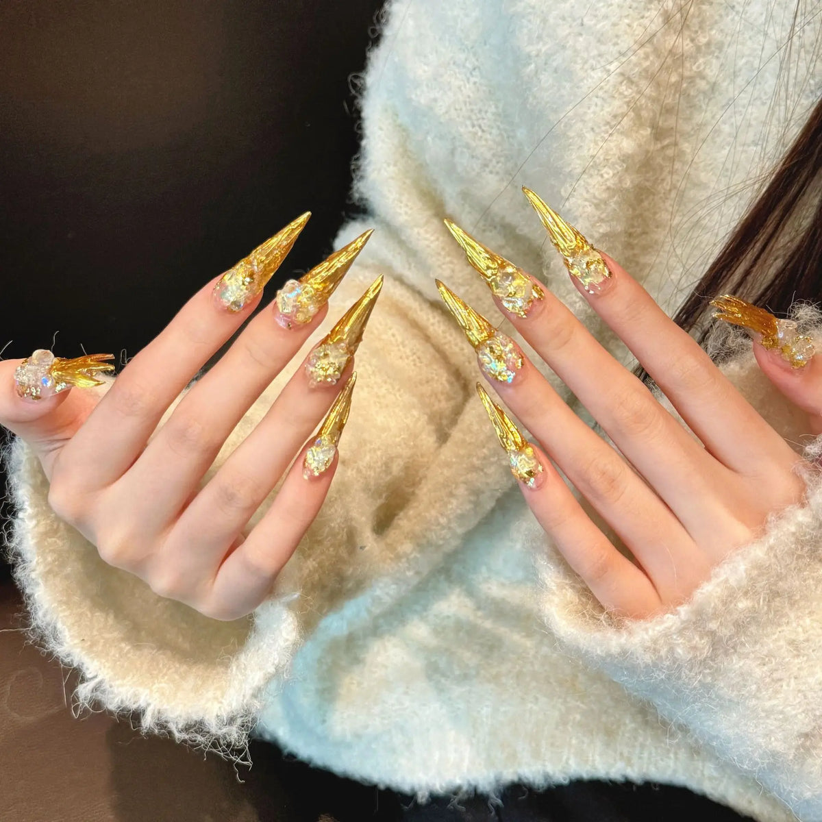 Handmade Gold Foil Rhinestone Press-On Nails | Long Stiletto