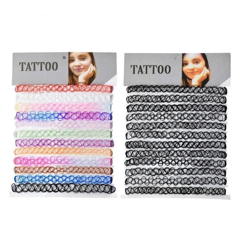 12-Pack Vintage Hippie Stretch Tattoo Choker Necklace Set