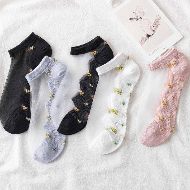Women's Lace Floral Ankle Socks – 5 Pairs Breathable Cotton