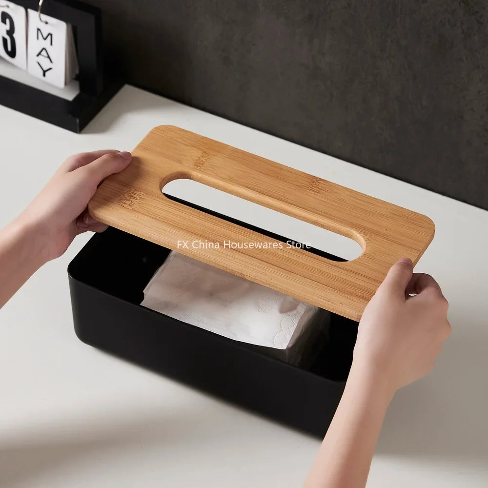 Bamboo Lid Plastic Tissue Box Organizer Rectangular Paper Towel