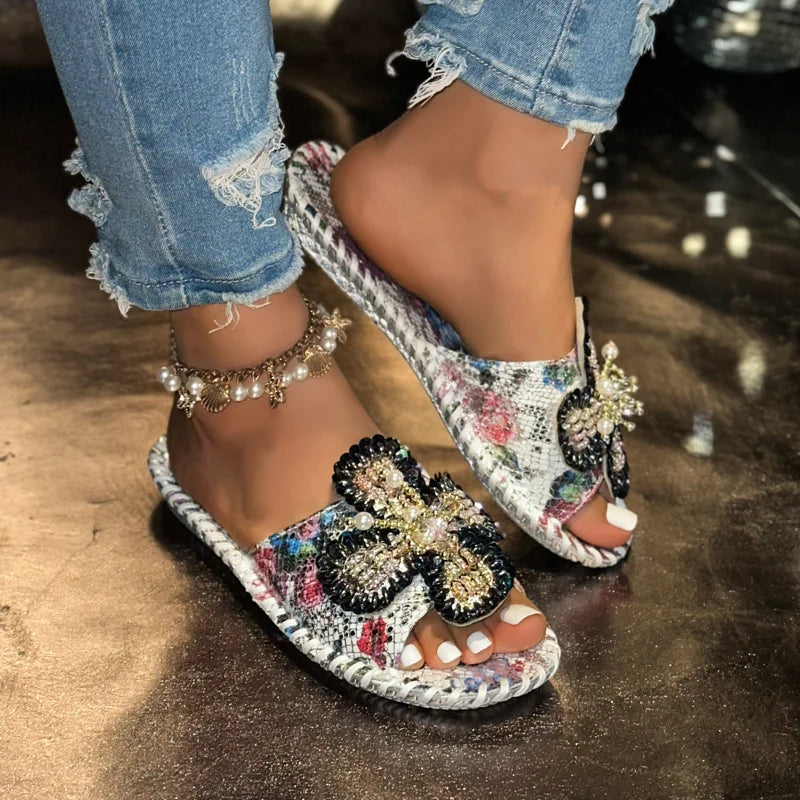 UXST Women Platform Slippers – Pearl Flower Printed Leather