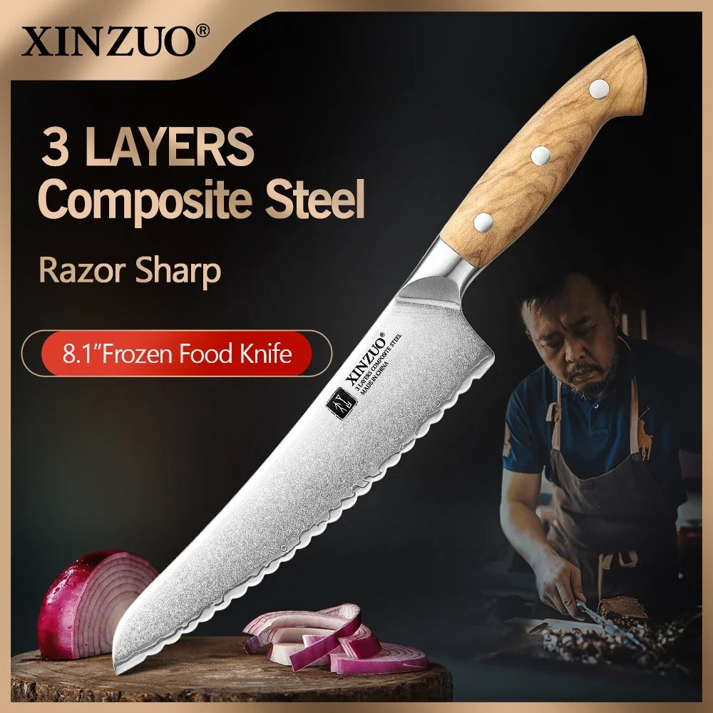 XINZUO 8-Inch Composite Steel Frozen Food Knife – Olive Wood