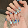 Press On Nails Green Flower Cat Eye Short Oval – 10pcs Set