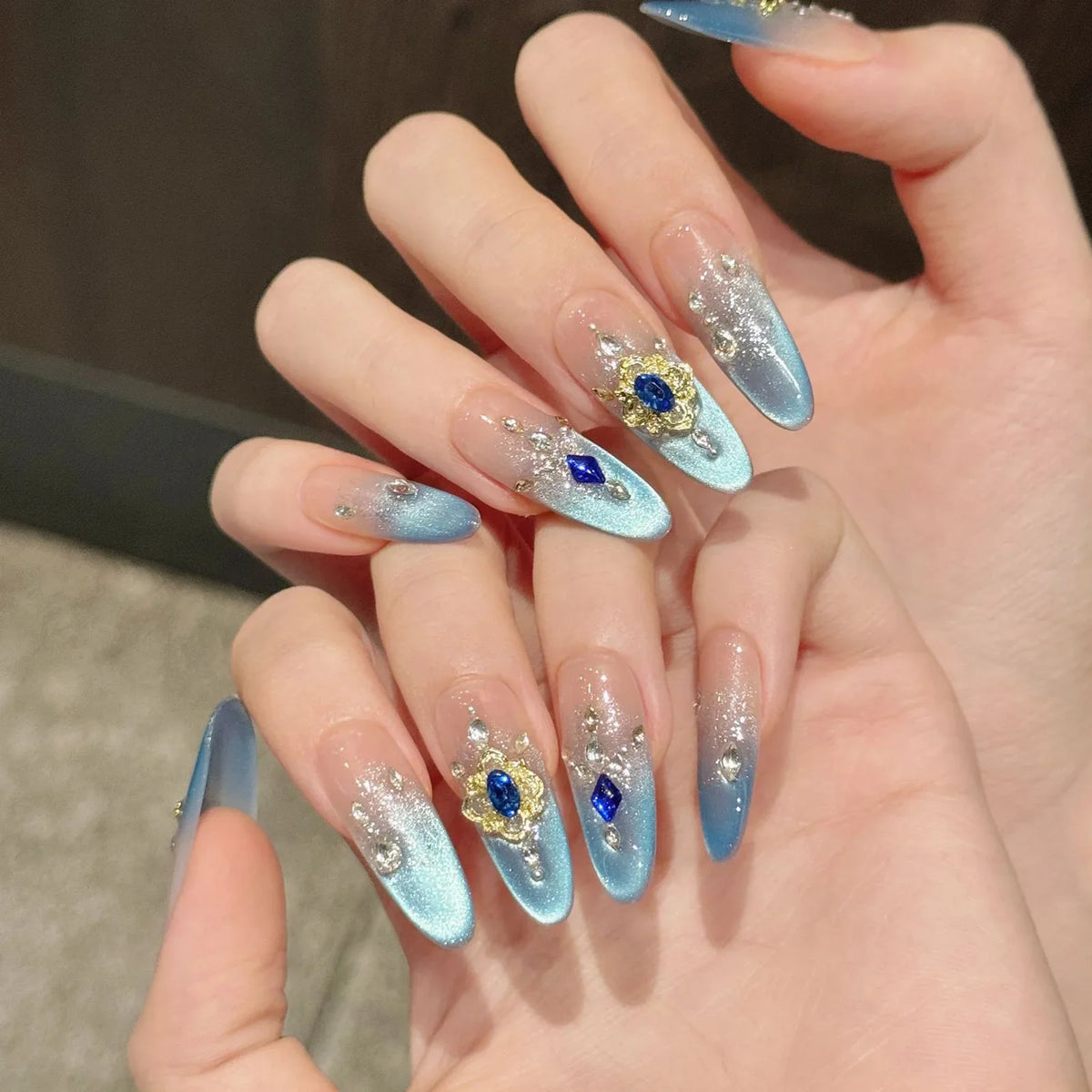 Press On Nails Green Flower Cat Eye Short Oval – 10pcs Set
