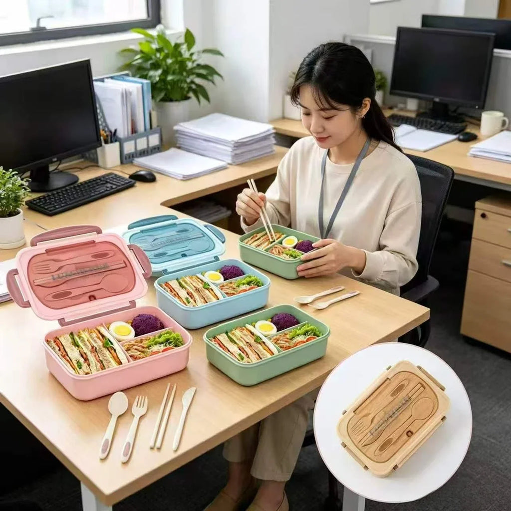 3-Compartment Bento Lunch Box with Built-In Utensils