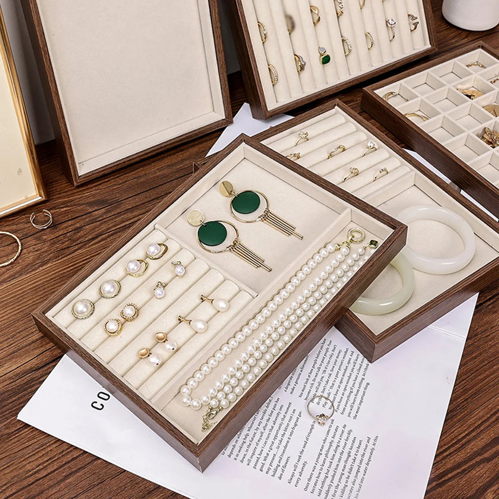 Walnut Wood Grain Jewelry Box Storage Tray Rings Necklaces Earrings