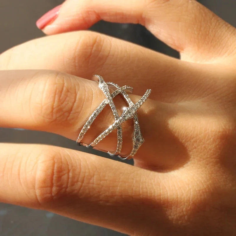 Huitan Double Cross Ring Women – Silver Cubic Zirconia CZ