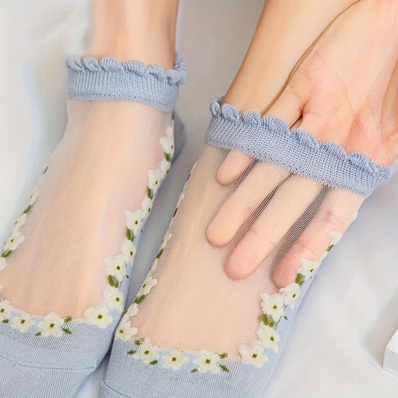 Women's Sheer Floral Embroidered Ankle Socks – 5 Pairs Ruffle